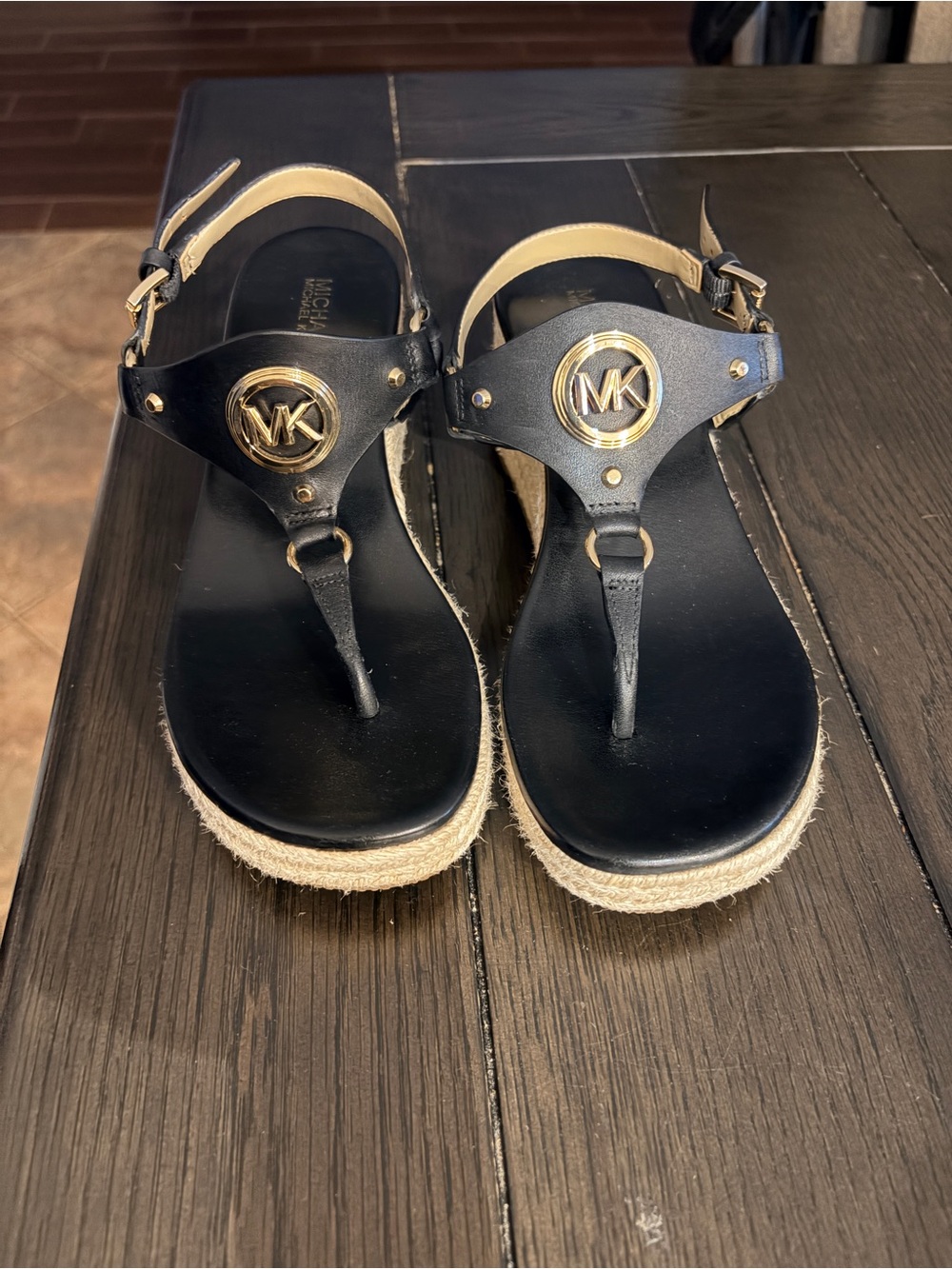 Michael Kors Black and Gold Kids Thong Sandals with MK Emblem